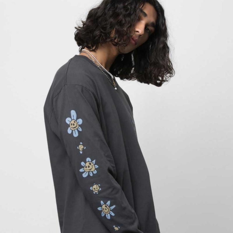 Pánské Tričko Vans Trippy Grin Floral Long Sleeve Černé | IHJZQ8405